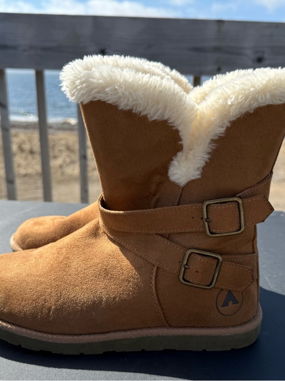 Airwalk Tan Faux-Shearling Ankle Boots with Buckle Straps